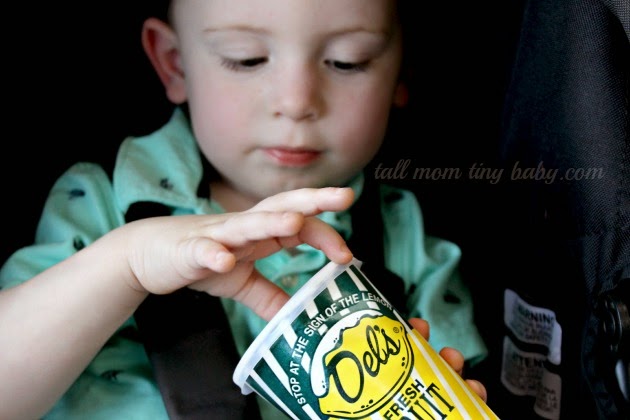 Toddler holding dels lemonade in Rhode Island