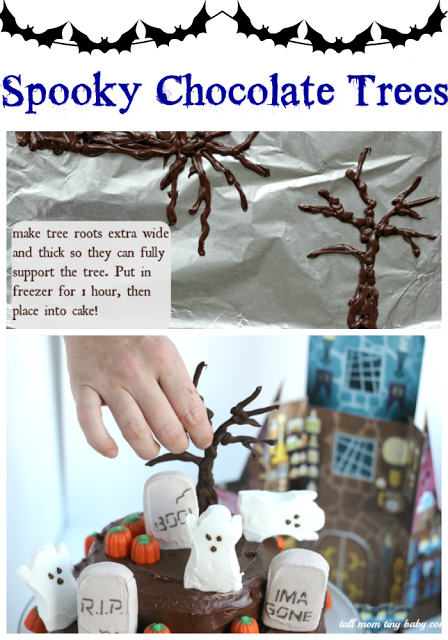 How to make spooky chocolate trees for a haunted halloween graveyard cake with peeps