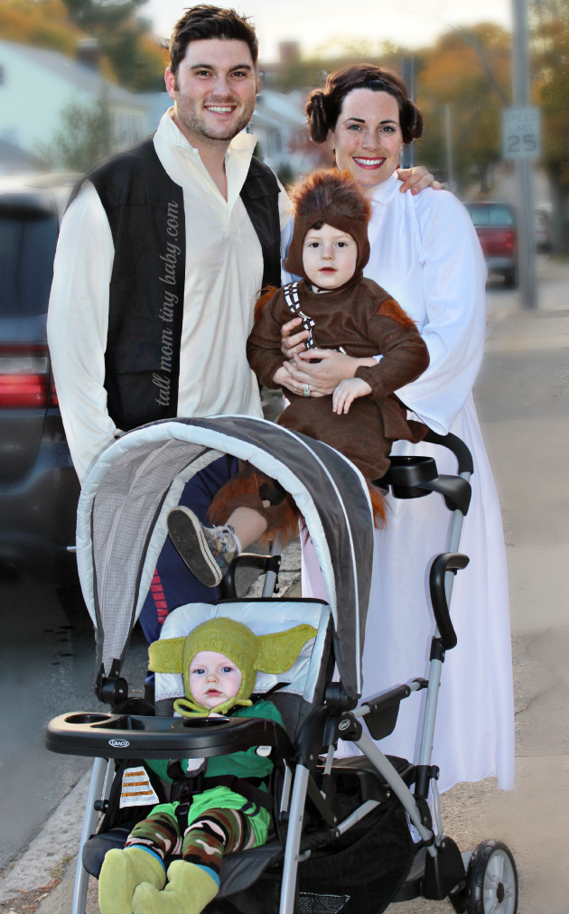 cute star wars themed family costumes perfect for halloween, princes leia, yoda, chewbacca, han solo, baby and toddler